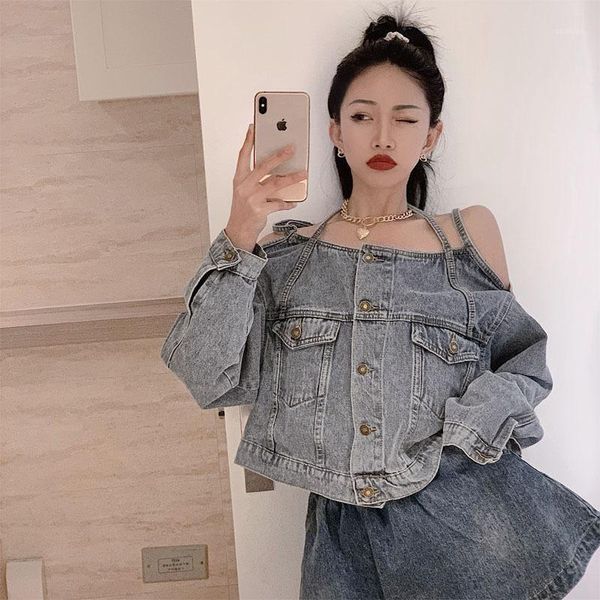 

women's jackets denim hanging neck bare word shoulder foreign style dark black jacket 2021 loose jeans jacket1, Black;brown