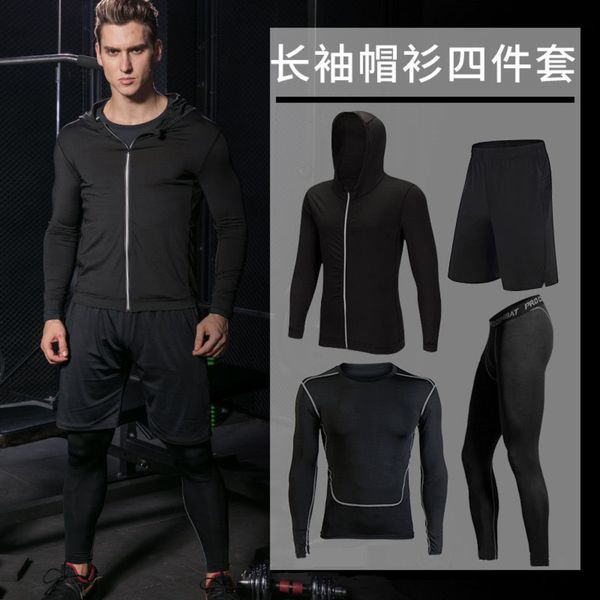 

sleeve men's four piece fitness long sweat absorbing quick drying elastic compression running exercise suit, Gray