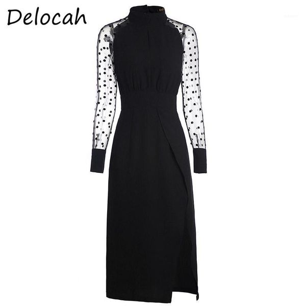 

delocah spring summe dress fashion designer women long sleeve mesh dot black printed holiday casual female split midi dresses1, Black;gray