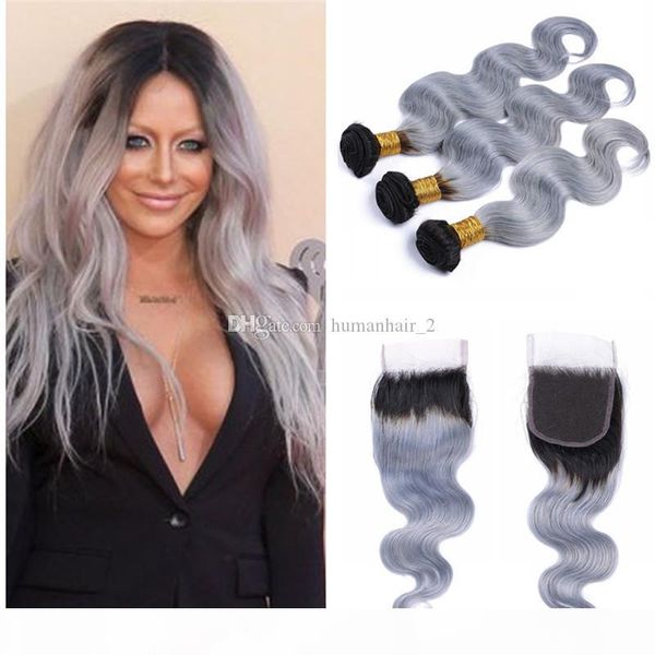 

two tone grey human hair with lace closure body wave grey ombre hair with 4*4 lace closure brazilian virgin hair bundles 4pcs lot, Black;brown