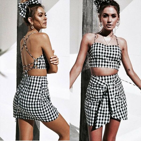 

женская мода шахматной доска 2 piece set bodycon юбка crop top плеча tank лето два куска набора bandge ситцевой мини юбки, Gray