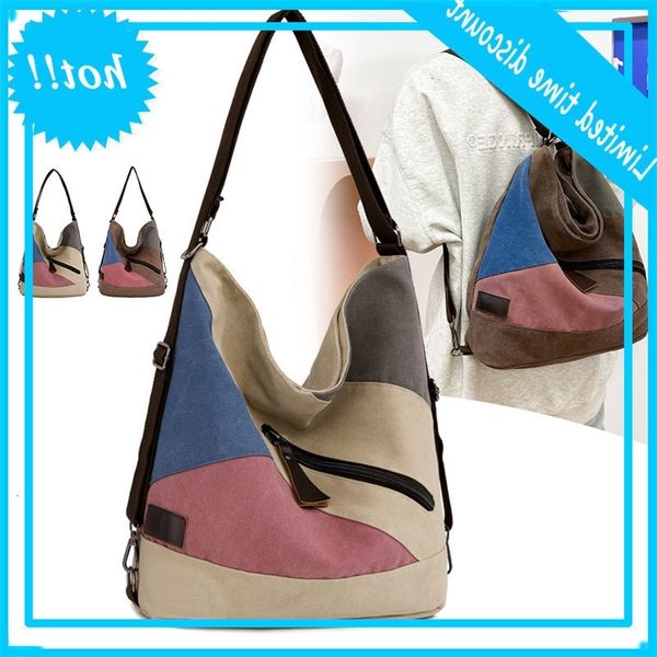 

multifunctional light weight women canvas backpack contrast color random large capacity hobo cups single shoulder handbags