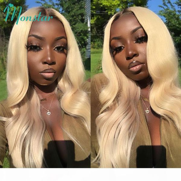 

monstar 1b 613 blonde body wave ombre wig pre plucked bleached knots wigs bang brazilian remy human hair lace front wigs women, Black