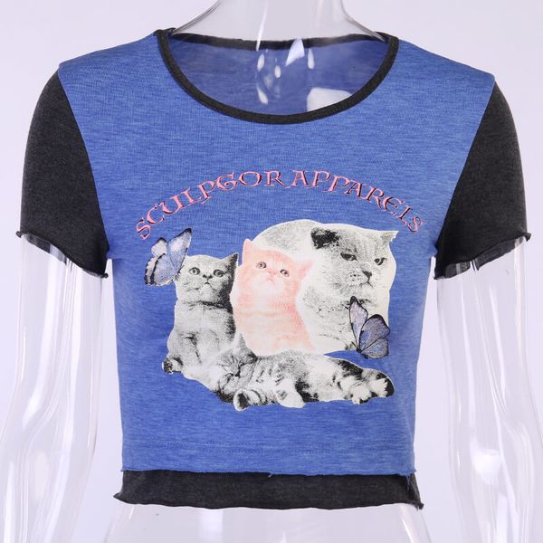 

2021 new summer custom animal beautiful cat butterfly imprint with ear edge and high waist short fit shirt for woman 83iu, White