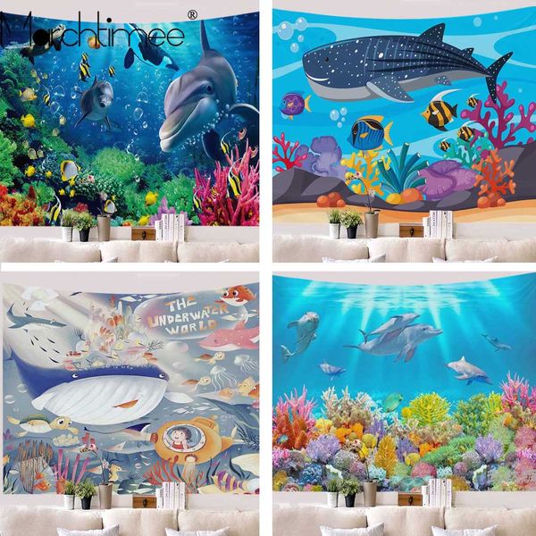 

psychedelic underwater world tapestry home l decor sea dolphin shark wall hanging background boho beach towel thin blanket