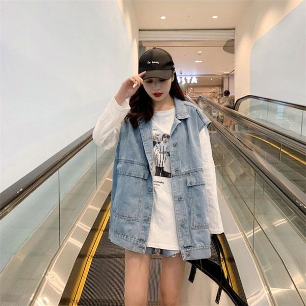

2020 new vintage hole street casual женские джинсы куртка джинсовая тонкий короткие женщины большой безрукавка синий пальто рабочая одежда, Black;brown