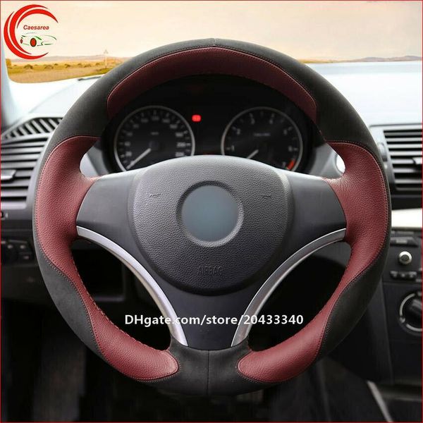 

black suede wind red leather car steering wheel cover for bmw e90 e91 e82 e88 x1