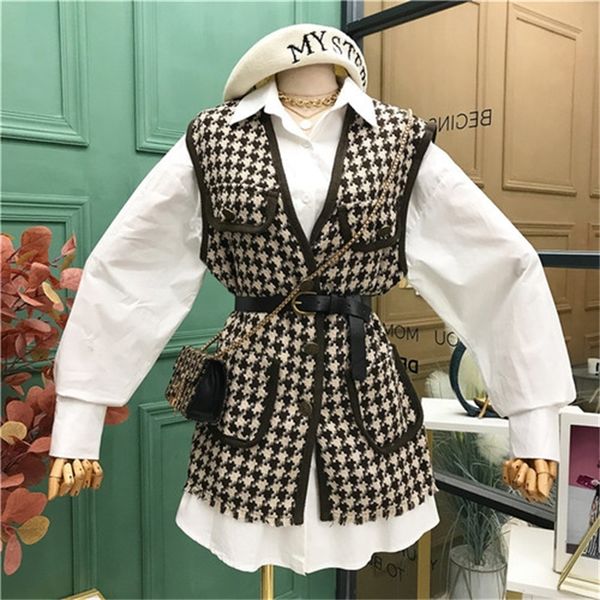 

2021 new new fall style waist hugging long sleeveless shirt graceful tweed vest two pieces together woman wde4, Gray
