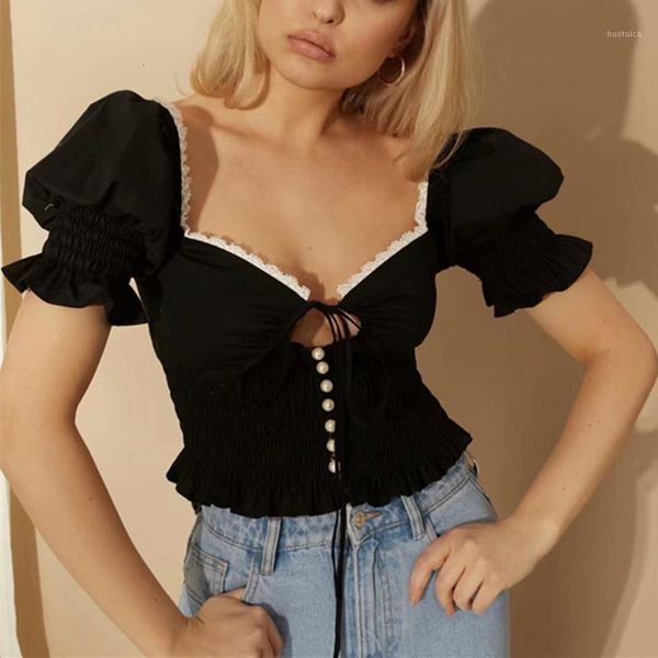 

vintage lace short long sleeve v neck woman shirts pearl button bubble sleeve girls 1, White