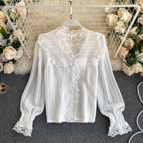 

autumn shirt women's blouse lace v-neck buttoned slim fit all-match japan style puff sleeve female blusa gx1199, White