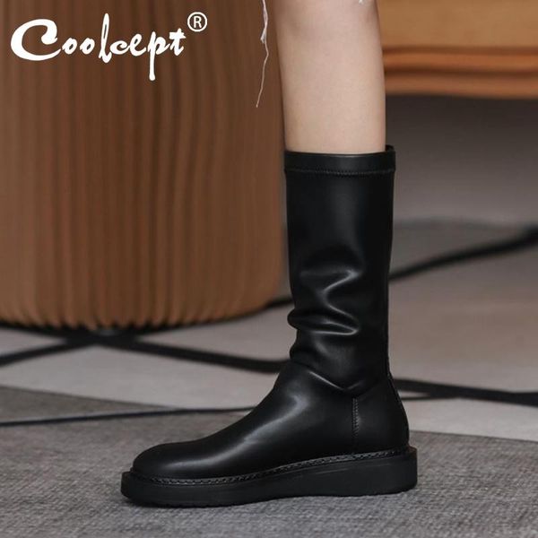 

boots coolcept women half short flat heel mid calf fashion winter autumn shoes ladies footwear size 33-42, Black