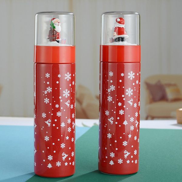 Atacado 12oz Feliz Natal Boneco de neve garrafas isoladas Vácuo duplo parede 304 frasco de aço inoxidável impermeável Skidproof sport thermos