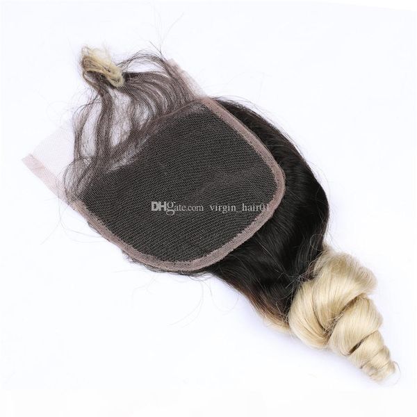 

#1b 613 blonde ombre brazilian loose wave hair bundles with closure dark roots blonde wavy virgin human hair 4x4 part lace closure, Black;brown