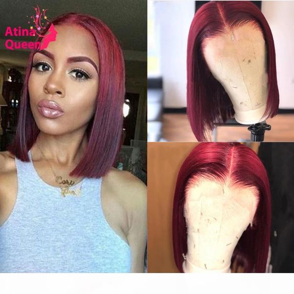 

blunt cut short bob wigs black women hd transparent lace wig 99j burgundy lace front wig remy 13x6 colored red human hair, Black;brown
