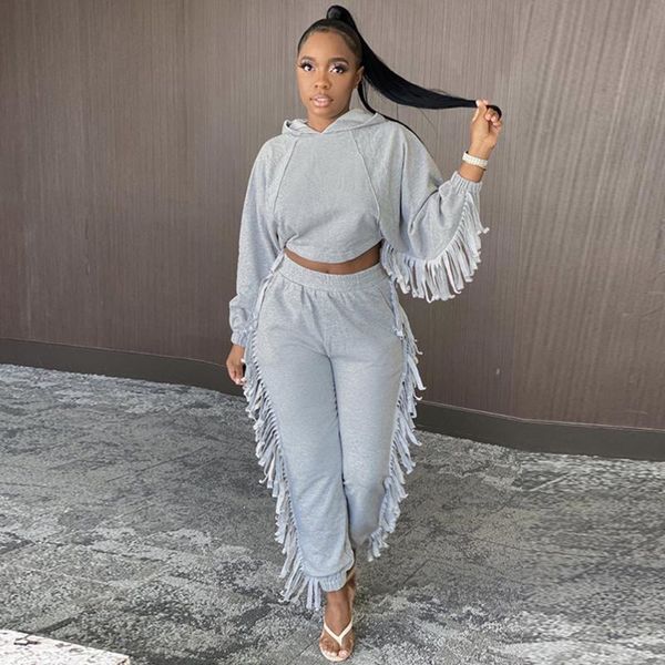 

streetwear tassel two piece sweatsuit for women hoodies crop and sweatpants set casual joggers 2 piece matching set outfits, Gray