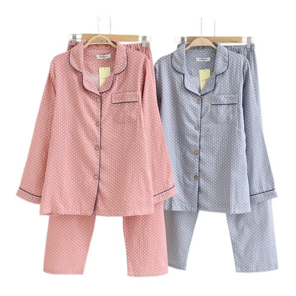 

polka dot simple define female 100% cotton casual japanese spring sleepwear long pajamas 1usz, Black;brown