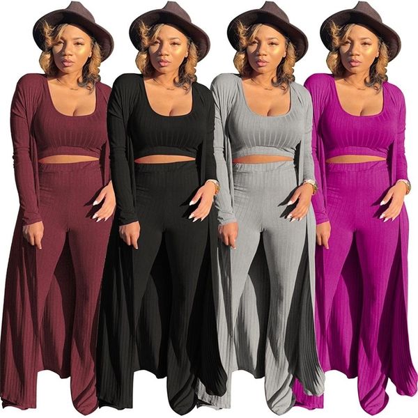 

echoine women 3 pieces set cardigans tracksuit women ribbed knit crop and pants set 2 piece sets women boadycon outfits 201008, White