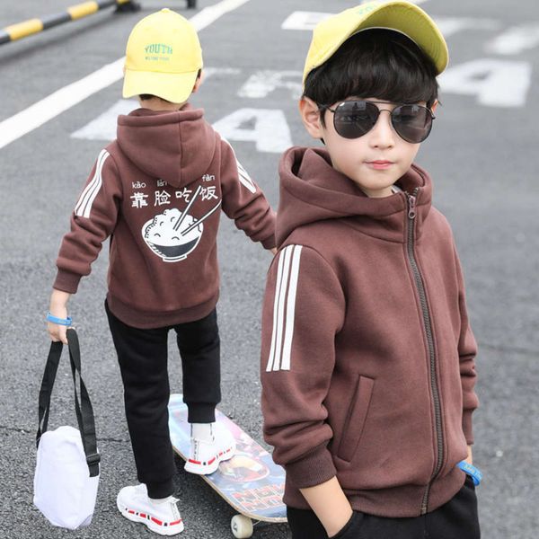 

winter clothing autumn and sweater middle school children's korean plush coat boys' thickened hooded cardigan, Black