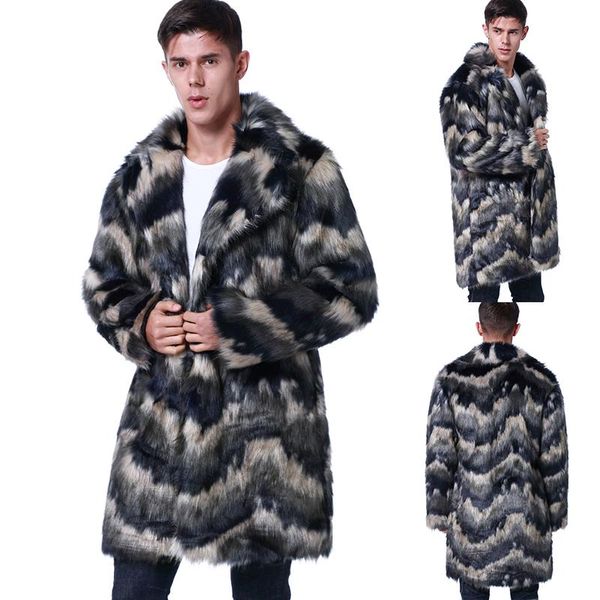 

autumn winter coat fashion striped men chaqueta plus size men faux fur coat long sleeve male fur long outwear blue overcoat, Black