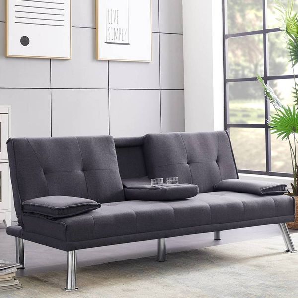 

us stock modern faux leather convertible futon sofa bed recliner couch+ metal legs+2 cup fast shipping