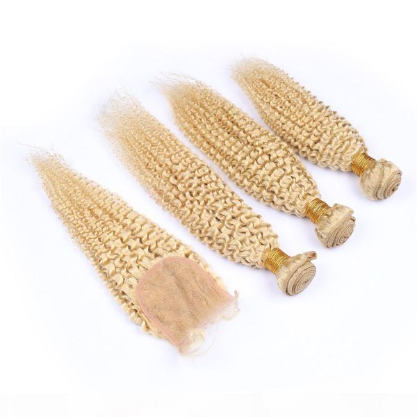 

#613 blonde virgin indian human hair kinky curly bundles deals 3pcs with closure 4pcs lot bleach blonde 4x4 lace front closure with weaves, Black