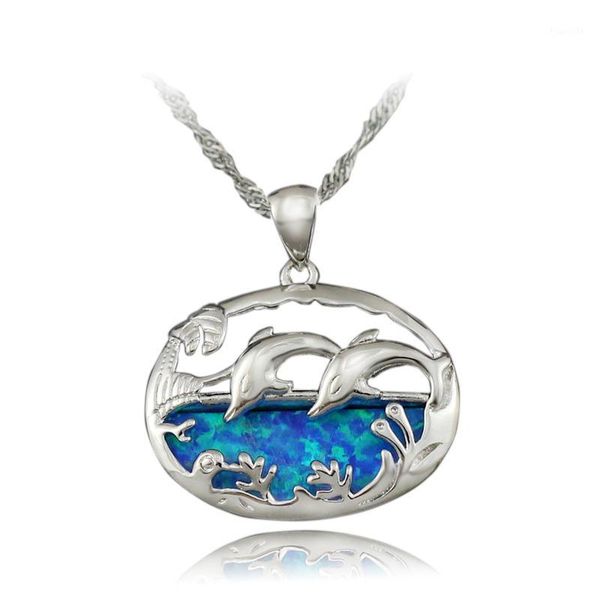 

haimis the chain pretty dolphin synthetic blue fire opal women jewelry silver plated pendant 1 1/8 inch op416 gift box1, Black