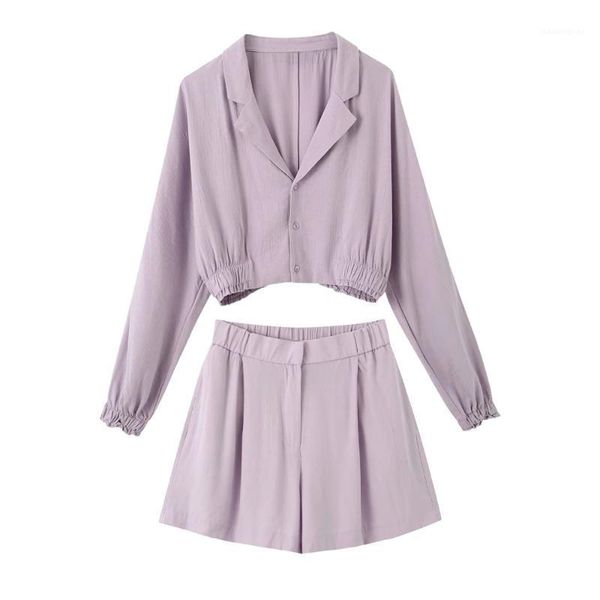 

new summer suits women two piece set flowing soft cropped blouse & loose shorts high waist elastic lilac purple1, Gray