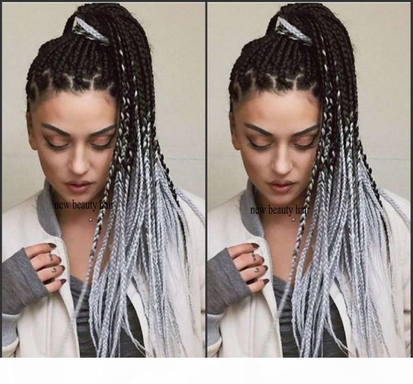 

dark black ombre grey braid wig long gluelesss heat resistant fiber synthetic lace front braid wig brazilian hair box braids wig