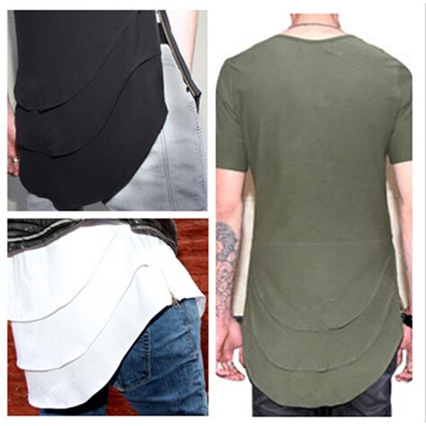 

wholesale-us style extended t shirt men's new personalized fishtail multi fold curved hem zipper short sleeve longline t shirts hip hop, White;black