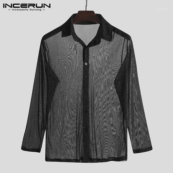 

men fashion mesh shirts casual long sleeve lapel camisa man transparent party blouse nightclub streewear blusas plus size1, White;black