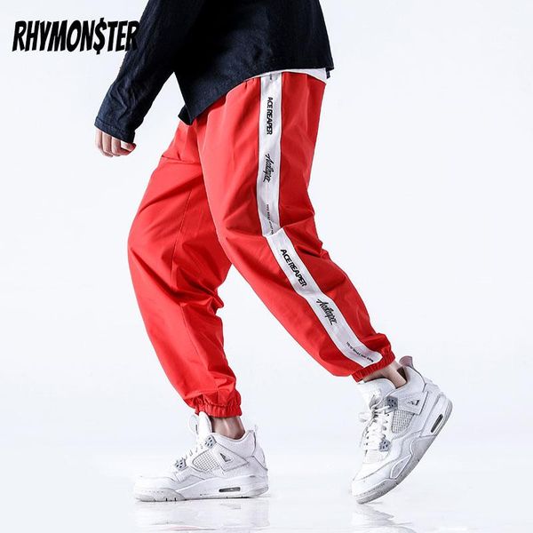 

rhymonster side striper симметричного печатный неупругие бегуны sweatpants mens hip hop harajuku резинка frawstring брюки, Black