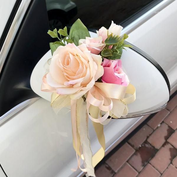 

seatback flower decorative wedding car decorative rearview mirror door handle roese artificial silk flower wedding centerpieces1