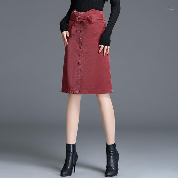 

autumn winter women korean plus size high waist slim casuaal pu leather skirts office lady elegant chic bodycon bow belt skirt1, Black