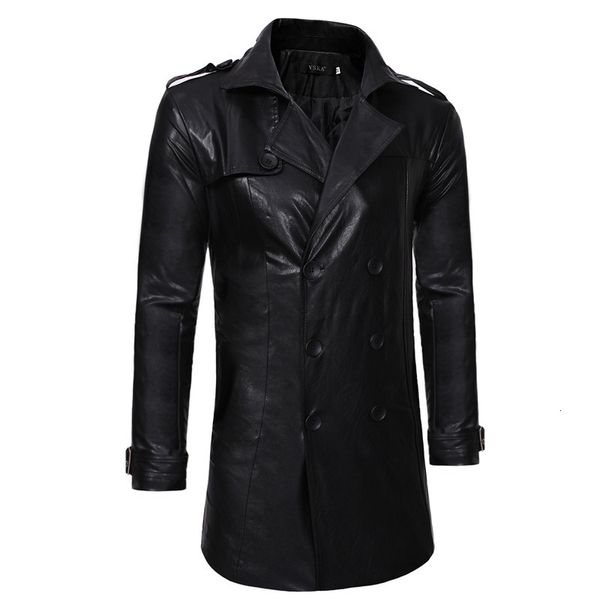 

autumn and winter 2020 new double breasted lapel men's casual slim long leather windbreaker, Tan;black