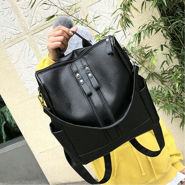 

women black anti-theft backpack pu leather zipper backpacks for teenage girls school bookbag travel shoulder bag bagpack