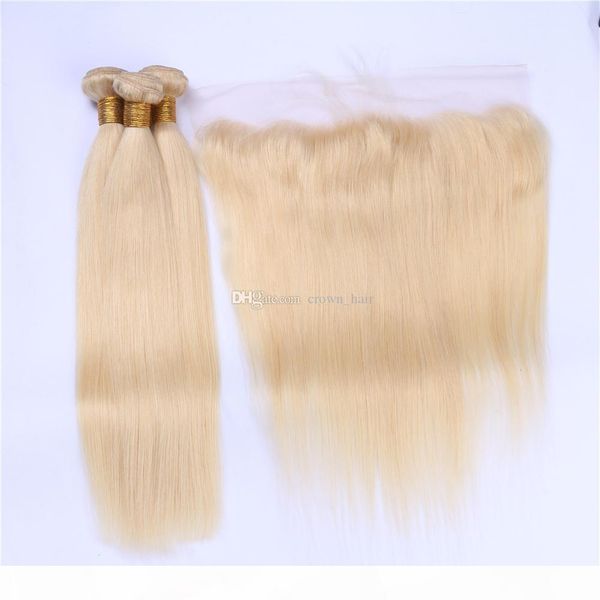

613 russian blonde virgin hair weaves with frontal closure 3 bundles with 4*4 lace frontal silky straight human hair with part frontal, Black;brown