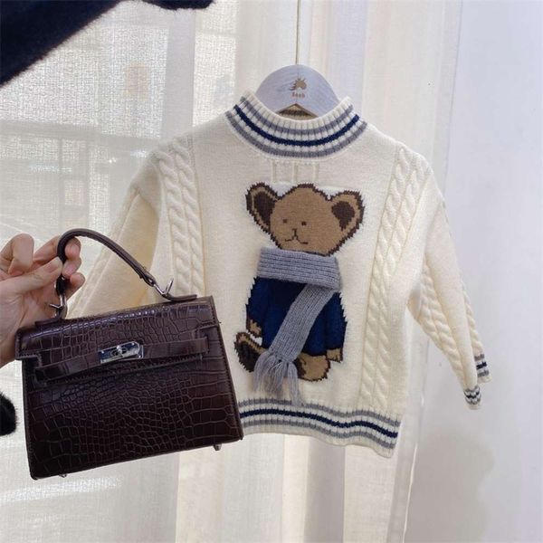 

korean new autumn sweater winter 2020 versatile round neck cartoon bear middle and small children's knitted pullover ylss, Blue