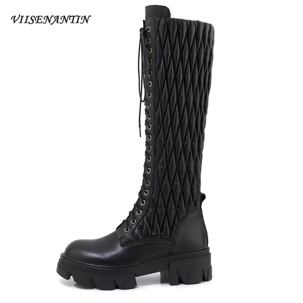 

boots fashion winter thick-soled versatile high female british style real leather flat platform strappy knight fall shoes, Black