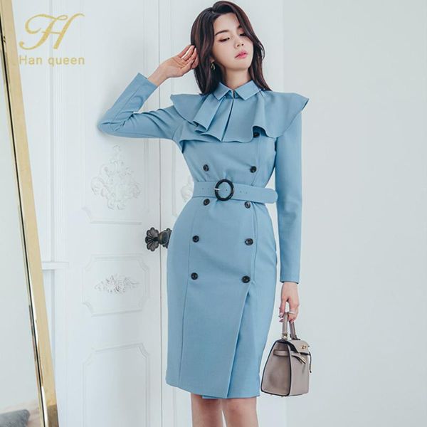 

h han queen elegant blue double-breasted ruffle business party slim sheath bodycon pencil dress work vestidos casual dresses, Black;gray