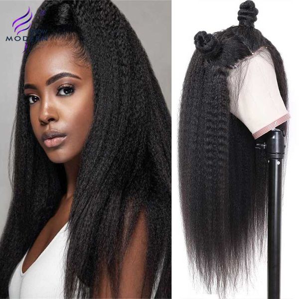 

lace wigs modern show hair peruvian kinky straight yaki front human perruque naturelle pre plucked remy wig 150%, Black;brown