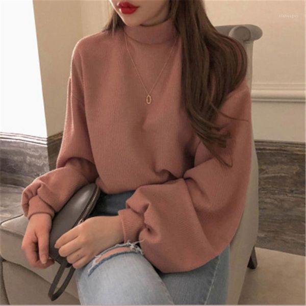 

fashion new sweet turtleneck women's sweater autumn casual loose short lantern sleeve female's pullovers lady clothes, White;black