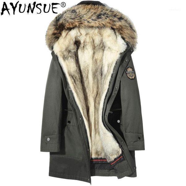 

men's leather & faux ayunsue parka homme winter jacket men natural wolf fur liner coat mens raccoon collar parkas plus size winterjas h, Black