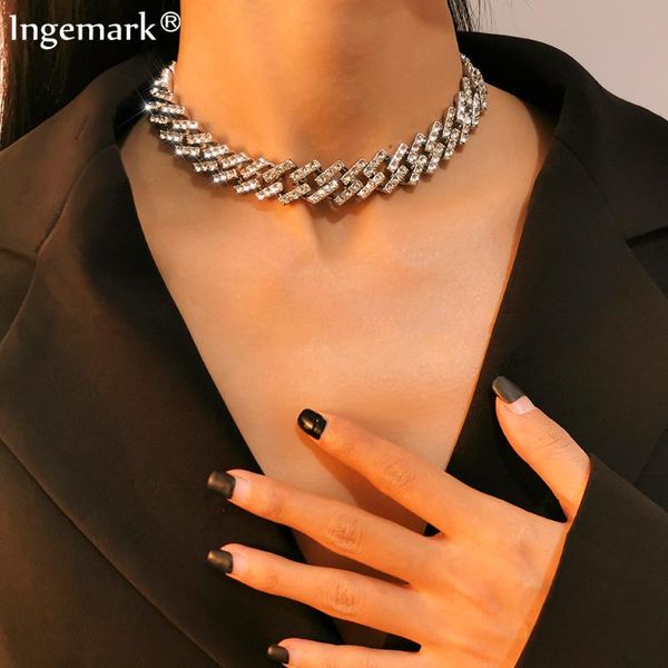 

hip hop iced out paved rhinestones choker miami curb cuban chunky chain cz bling rapper necklaces with circle for men jewelry, Silver