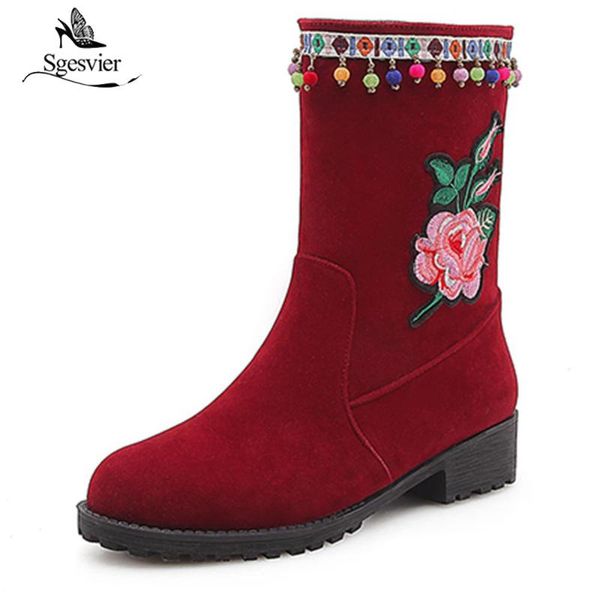

sgesvier women mid calf boots autumn hoof heels woman casual shoes embroider beading bohemia comfort boots ox995, Black