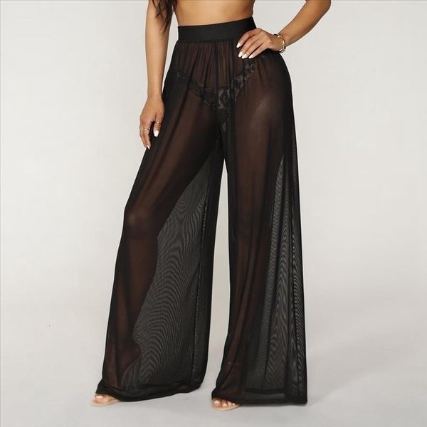 

see through women boho wide leg high waist trousers beach long loose mesh sheer pants hot, Black;white