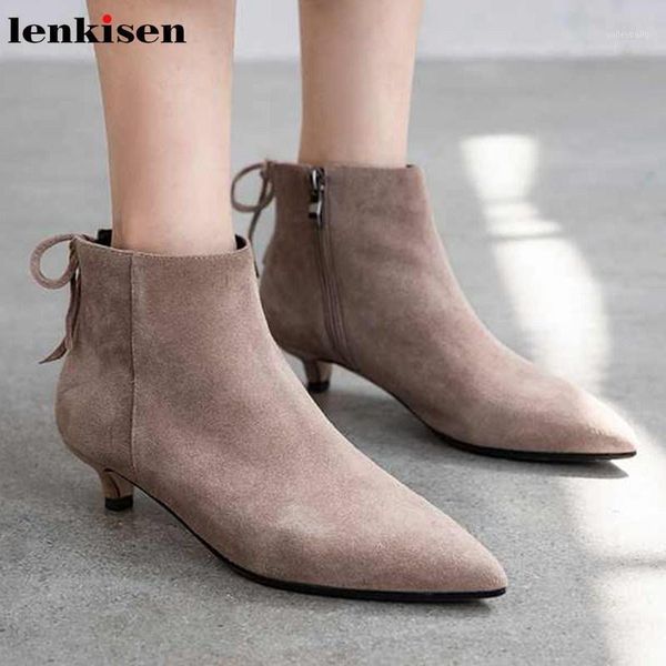 

lenkisen new soft breathable cow suede fashion med heels pointed toe winter lace up beauty lady solid daily wear ankle boots l011, Black