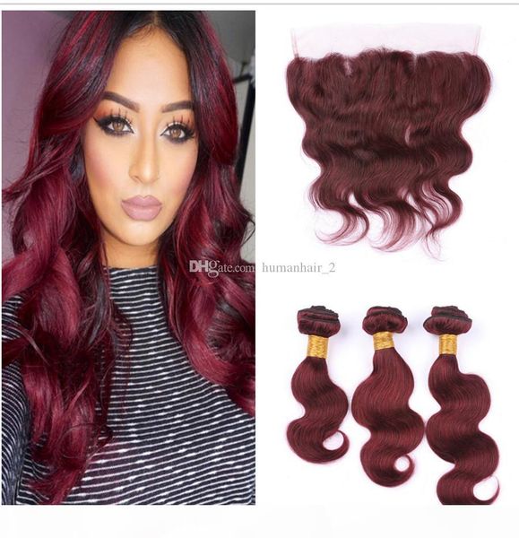 

99j burgundy lace frontal closure with bundles body wave human hair bundles with wine red lace frontal closure 13*4 full lace frontals, Black;brown