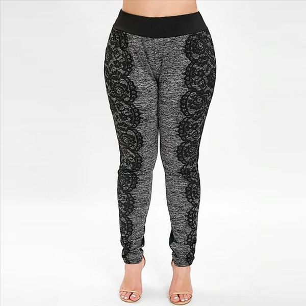 

5xl plus size elastic high waist leggings lace splice elastic waist pencil pants push up workout fitness leggings 15, Black