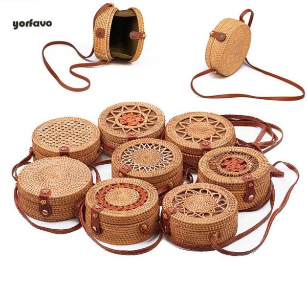 

women summer hollow handmade woven rattan round straw crossbody shoulder bag small beach handbags