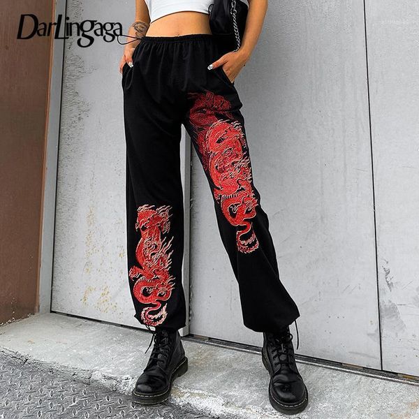 

darlingaga streetwear dragon print loose sweatpants women pants drawstring chinese style hip hop high waist pants trousers capri1, Black;white